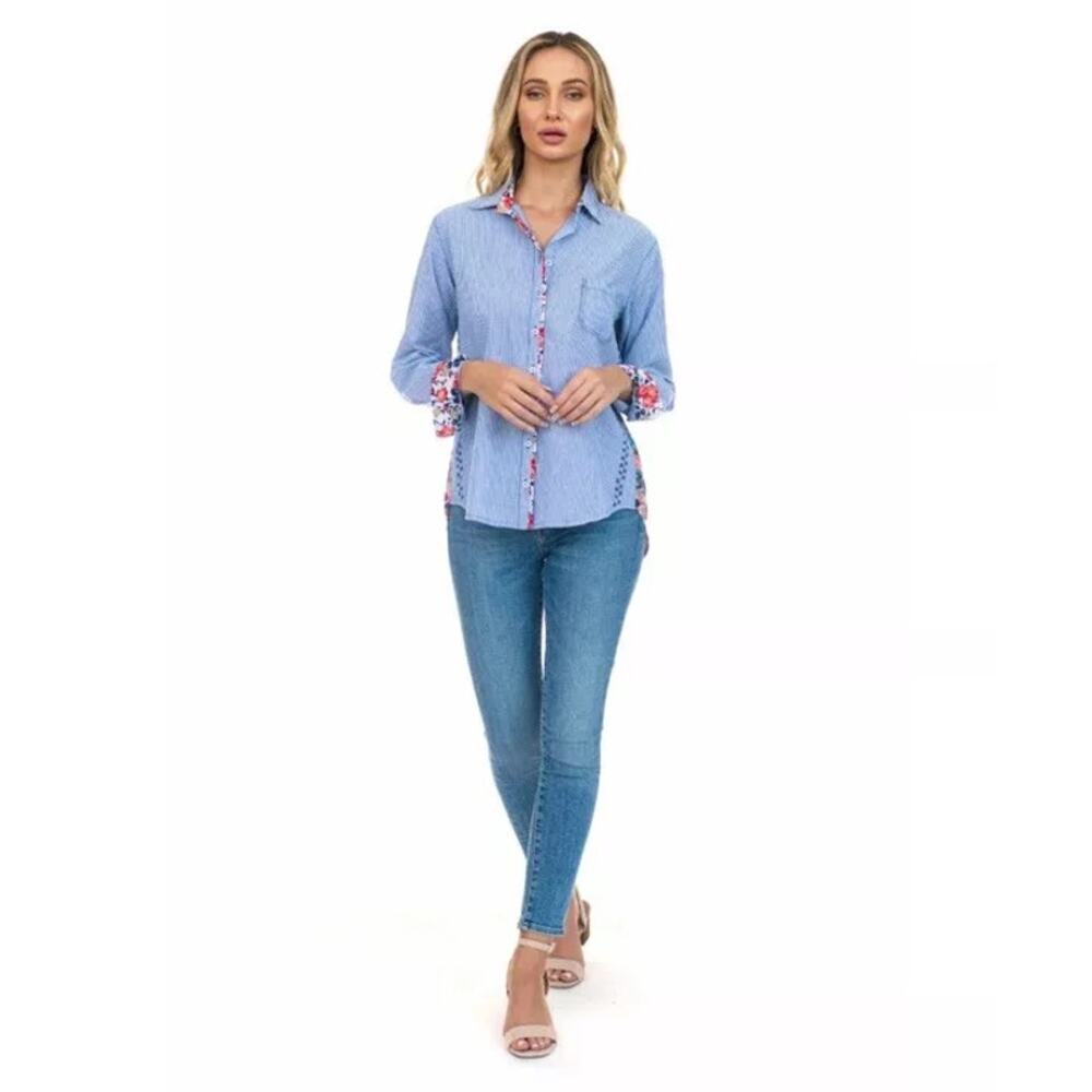 Tolani Womens Iris Slate Button Down Striped Floral Mixed Media Print Top Blouse
